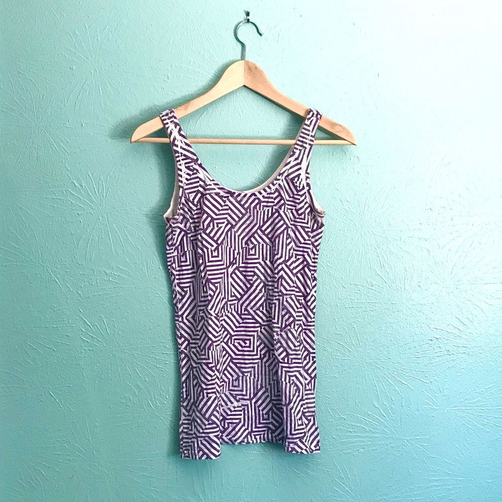 Abstract Geometric Patterned Tank, Plum Purple with Burnout White, Size L